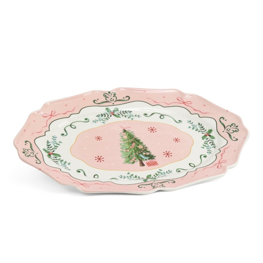 Potters Studio Pink Christmas Tree Scalloped Ceramic Serving Platter Holiday